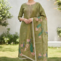 Fancy Olive Green Cotton Printed Semi-Stitched Straight Salwar Suit with Dupatta
