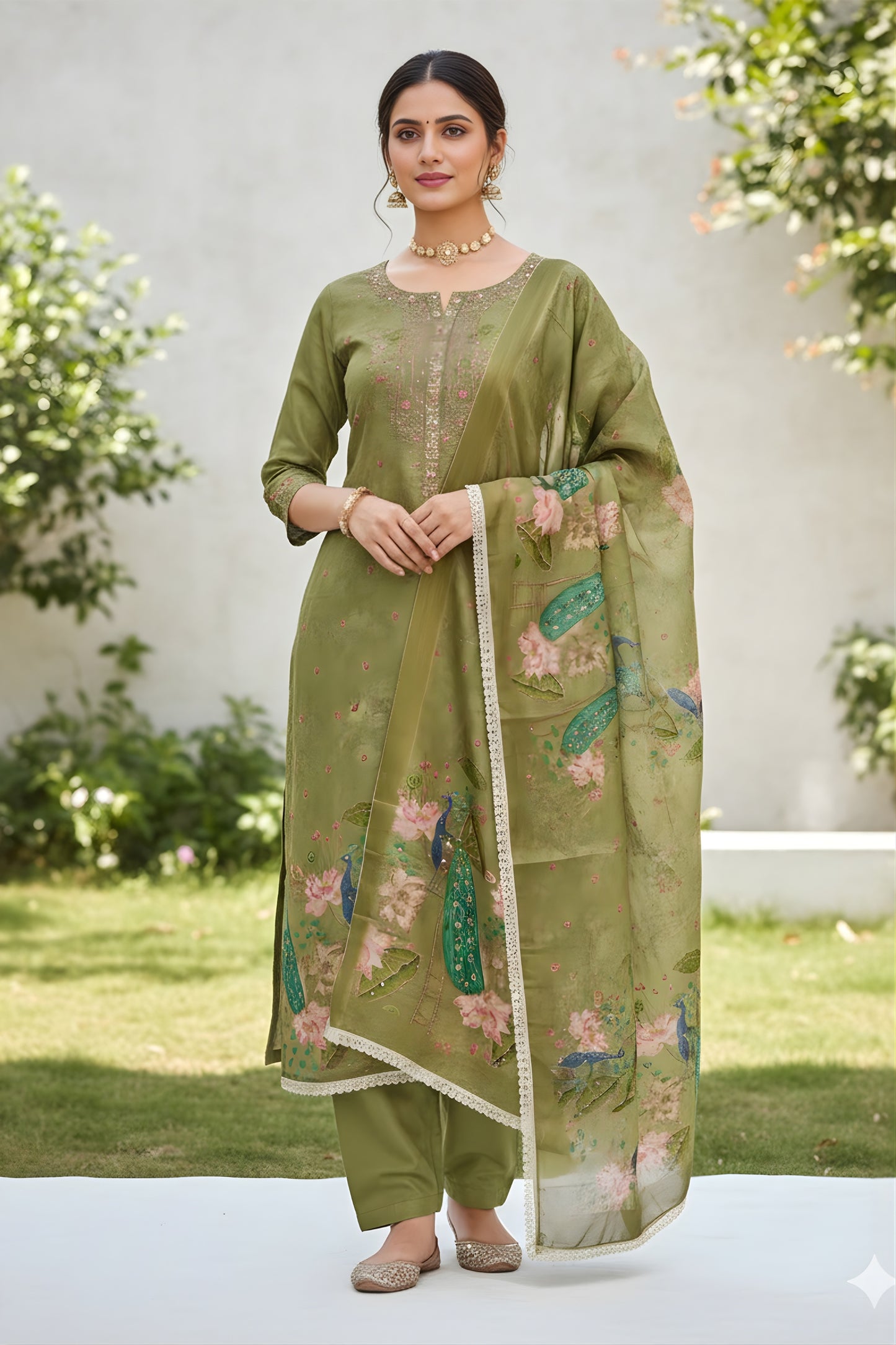 Fancy Olive Green Cotton Printed Semi-Stitched Straight Salwar Suit with Dupatta