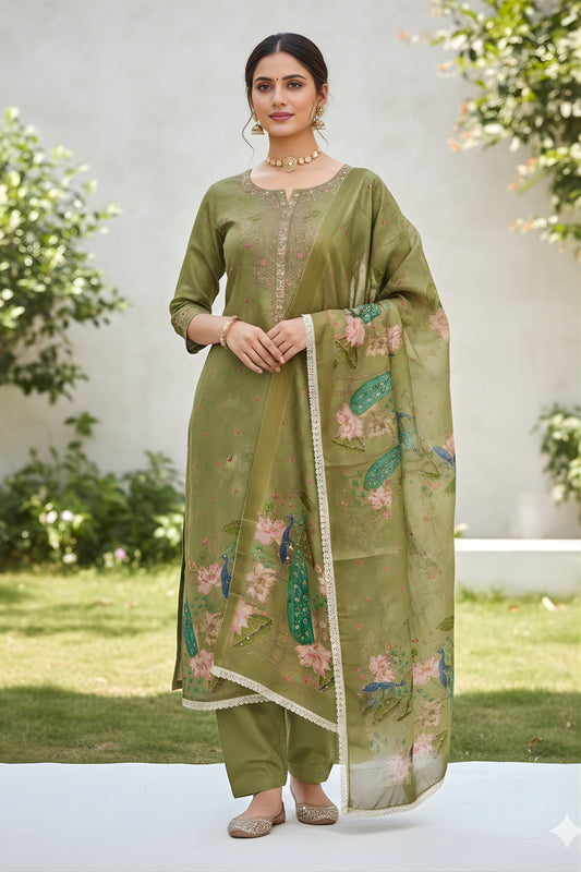Fancy Olive Green Cotton Printed Semi-Stitched Straight Salwar Suit with Dupatta