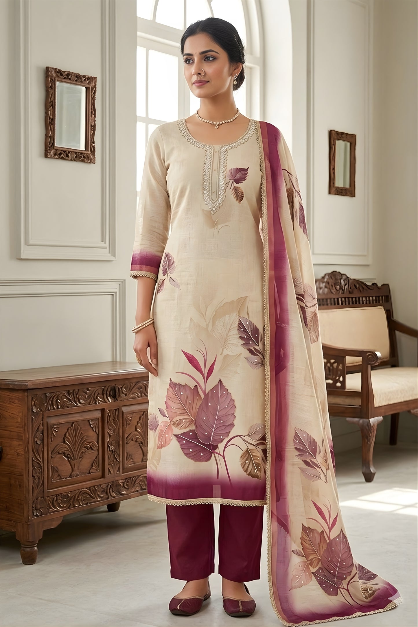 Charming Off-White Cotton Printed Semi-Stitched Straight Salwar Suit with Dupatta