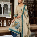 Wonderful Off-White Cotton Printed Semi-Stitched Straight Salwar Suit with Teal Dupatta