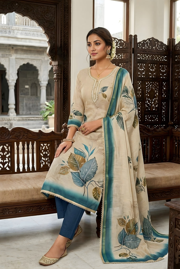 Wonderful Off-White Cotton Printed Semi-Stitched Straight Salwar Suit with Teal Dupatta