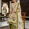 Superb Off-White Cotton Printed Semi-Stitched Straight Salwar Suit with Olive Green Dupatta