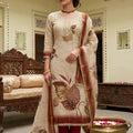 Amazing Off-White Cotton Printed Semi-Stitched Straight Salwar Suit with Maroon Dupatta