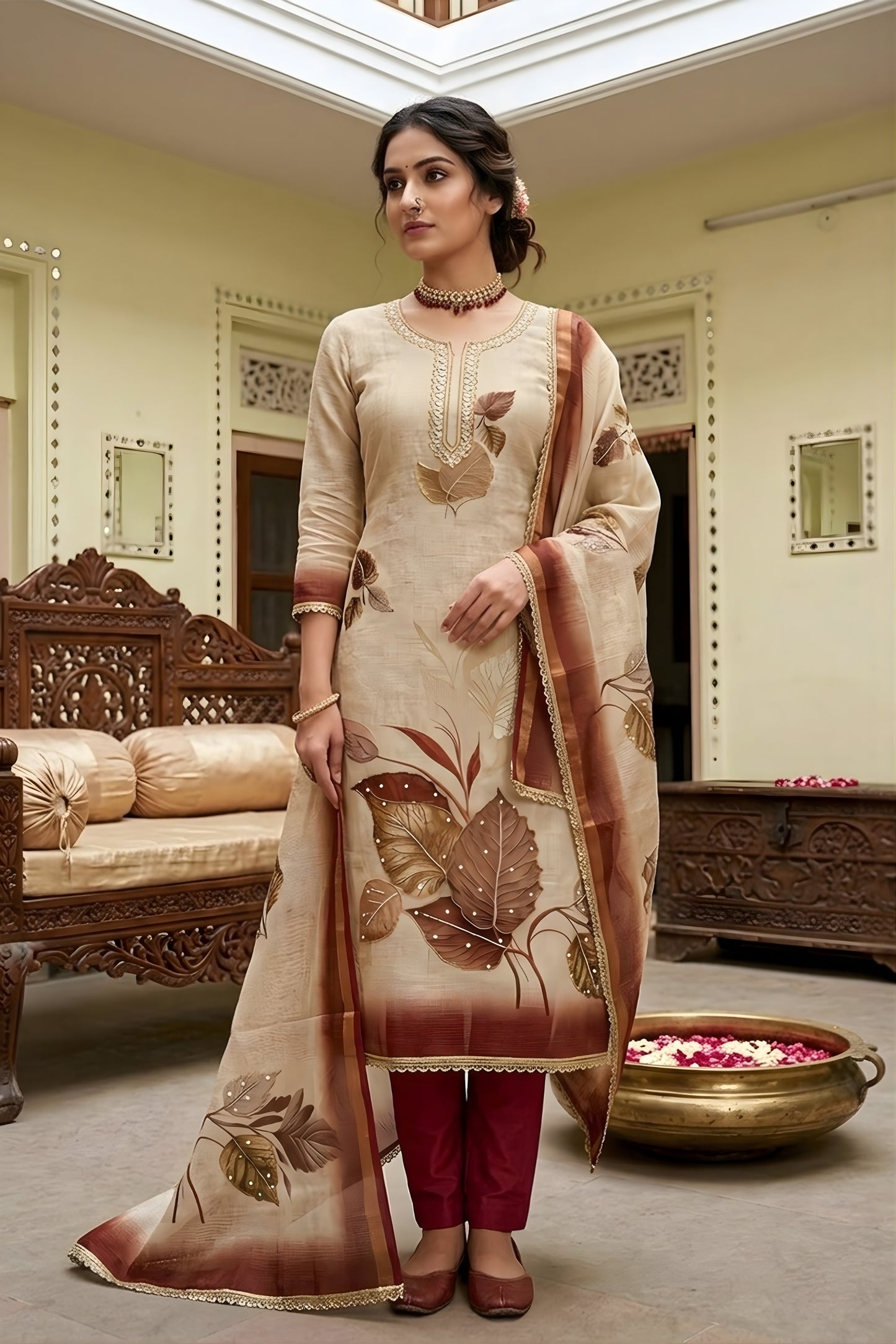 Amazing Off-White Cotton Printed Semi-Stitched Straight Salwar Suit with Maroon Dupatta