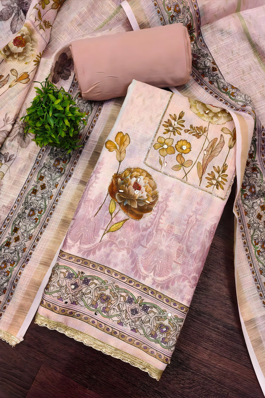 Lovely Baby Pink Cotton Printed Semi-Stitched Straight Salwar Suit with Dupatta