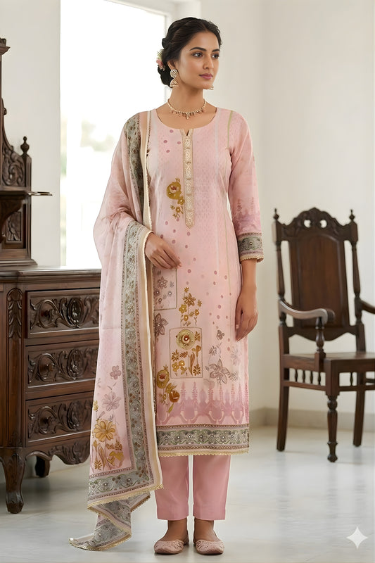 Lovely Baby Pink Cotton Printed Semi-Stitched Straight Salwar Suit with Dupatta