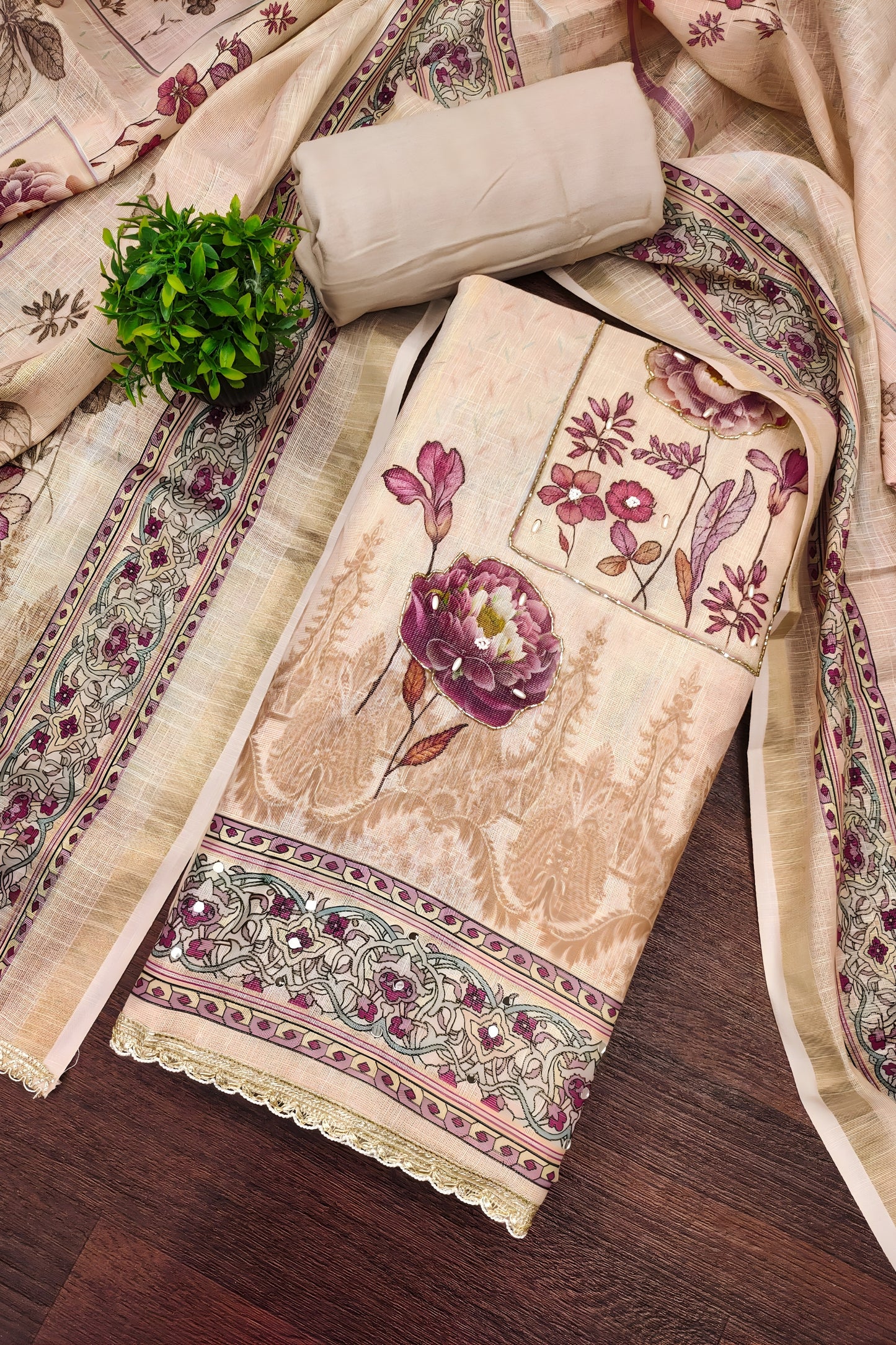 Admirable Peach Cotton Printed Semi-Stitched Straight Salwar Suit with Dupatta