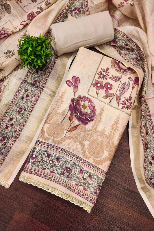 Admirable Peach Cotton Printed Semi-Stitched Straight Salwar Suit with Dupatta