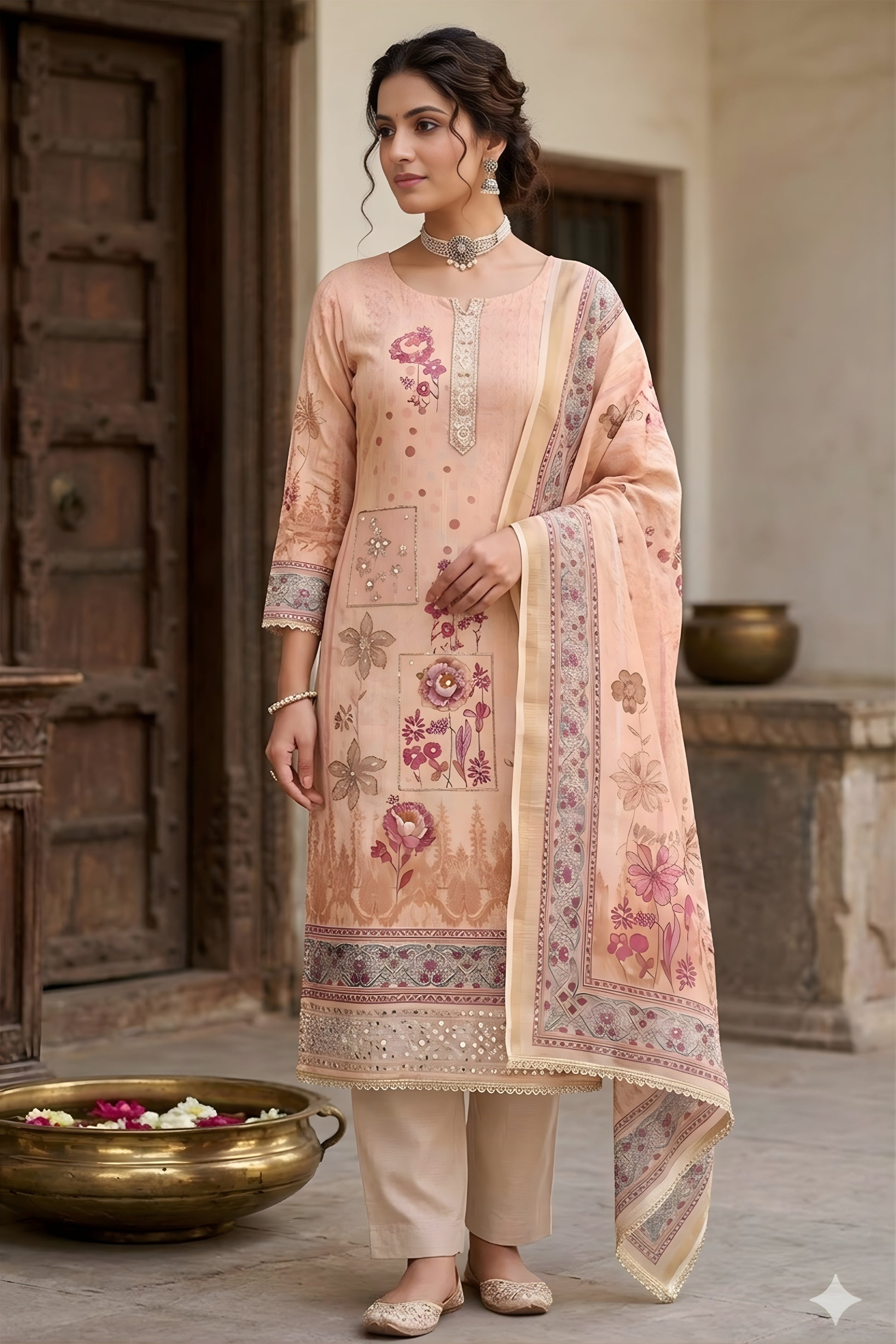 Admirable Peach Cotton Printed Semi-Stitched Straight Salwar Suit with Dupatta
