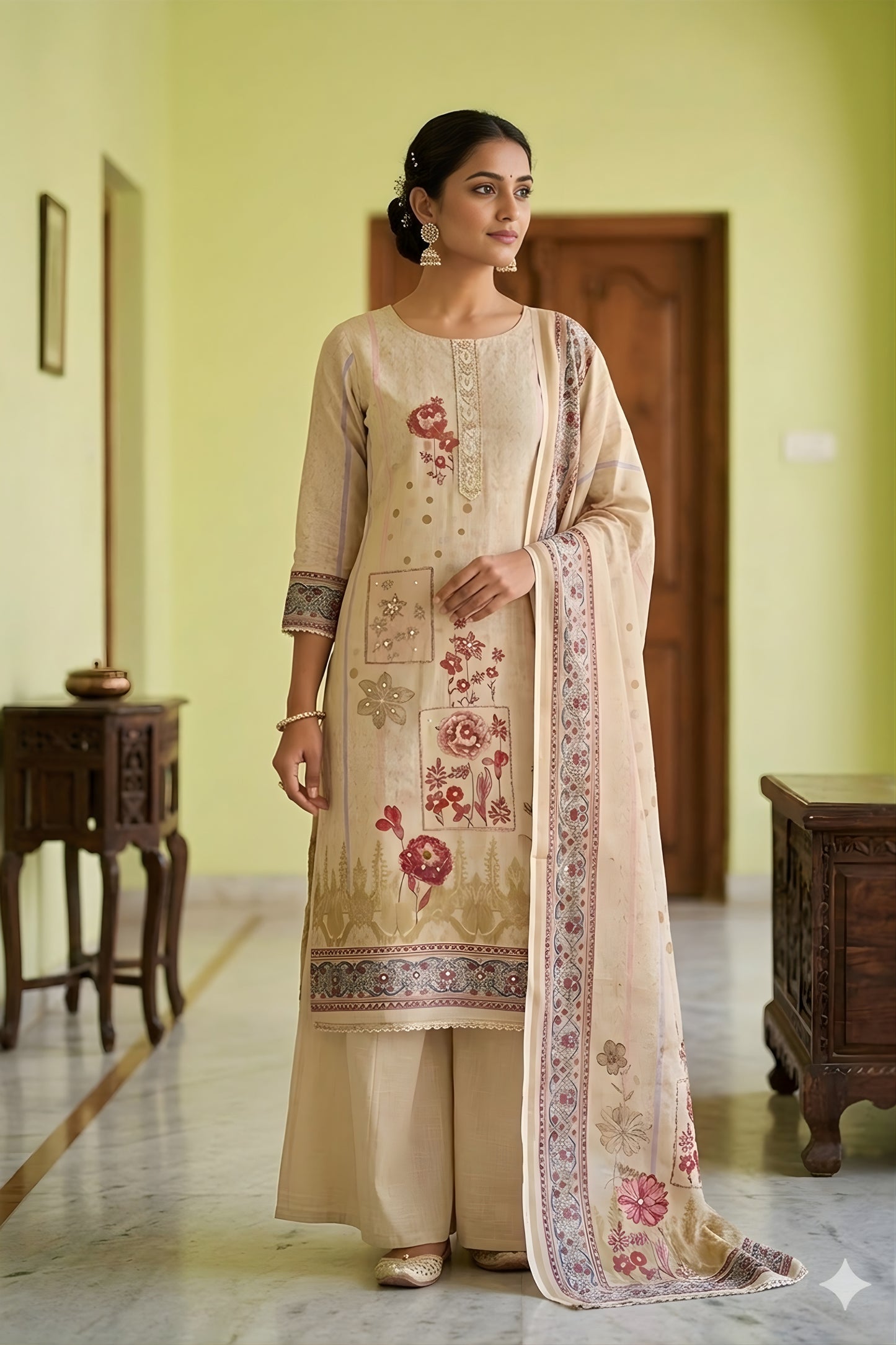 Fantastic Beige Cotton Printed Semi-Stitched Straight Salwar Suit with Dupatta