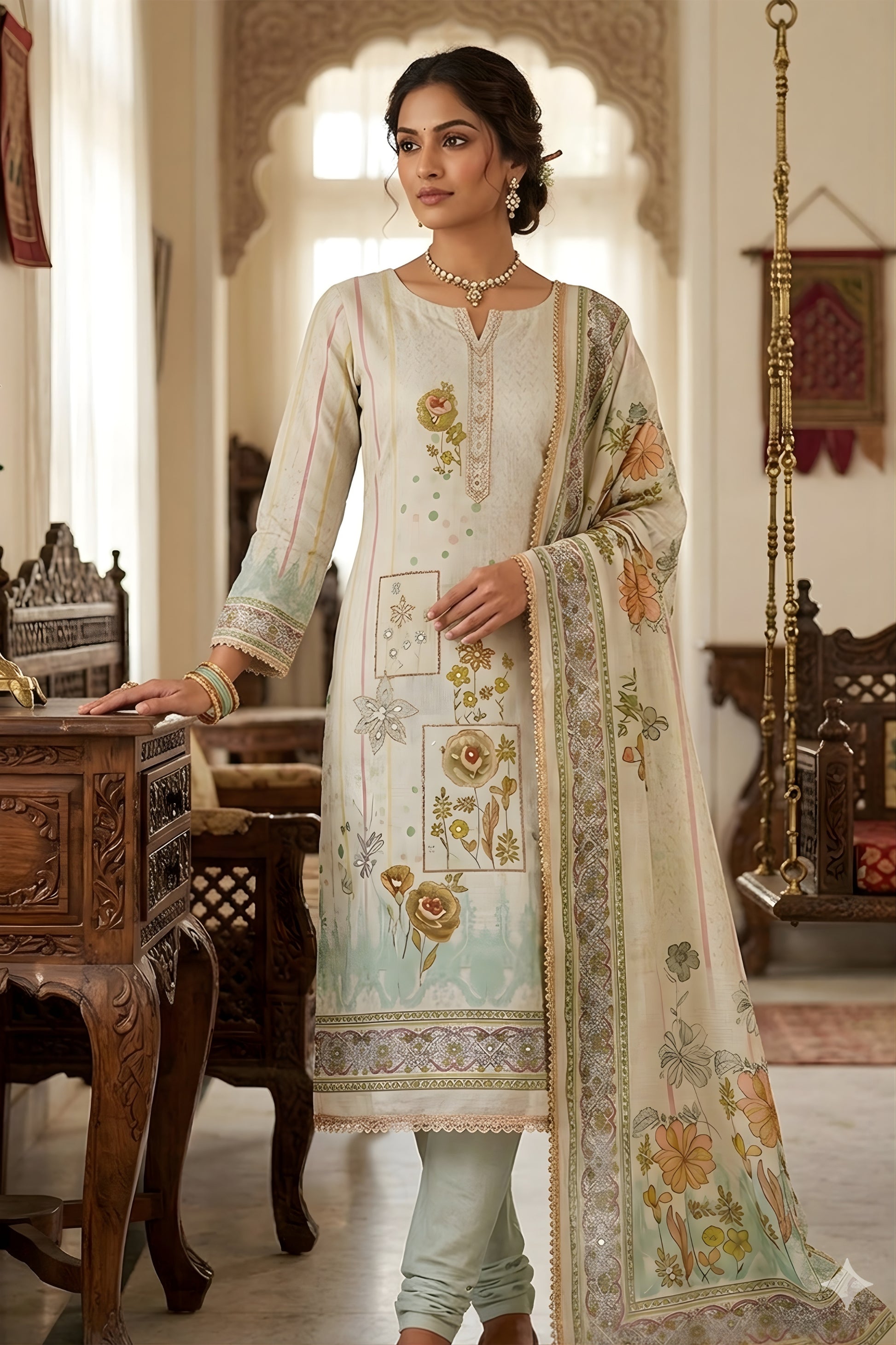 Latest Off-White Cotton Printed Semi-Stitched Straight Salwar Suit with Blue Dupatta