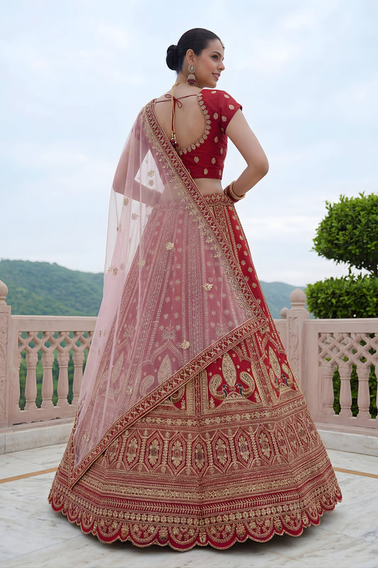Stunning Red Silk Embroidered Bridal Lehenga Choli with Soft Net Dupatta