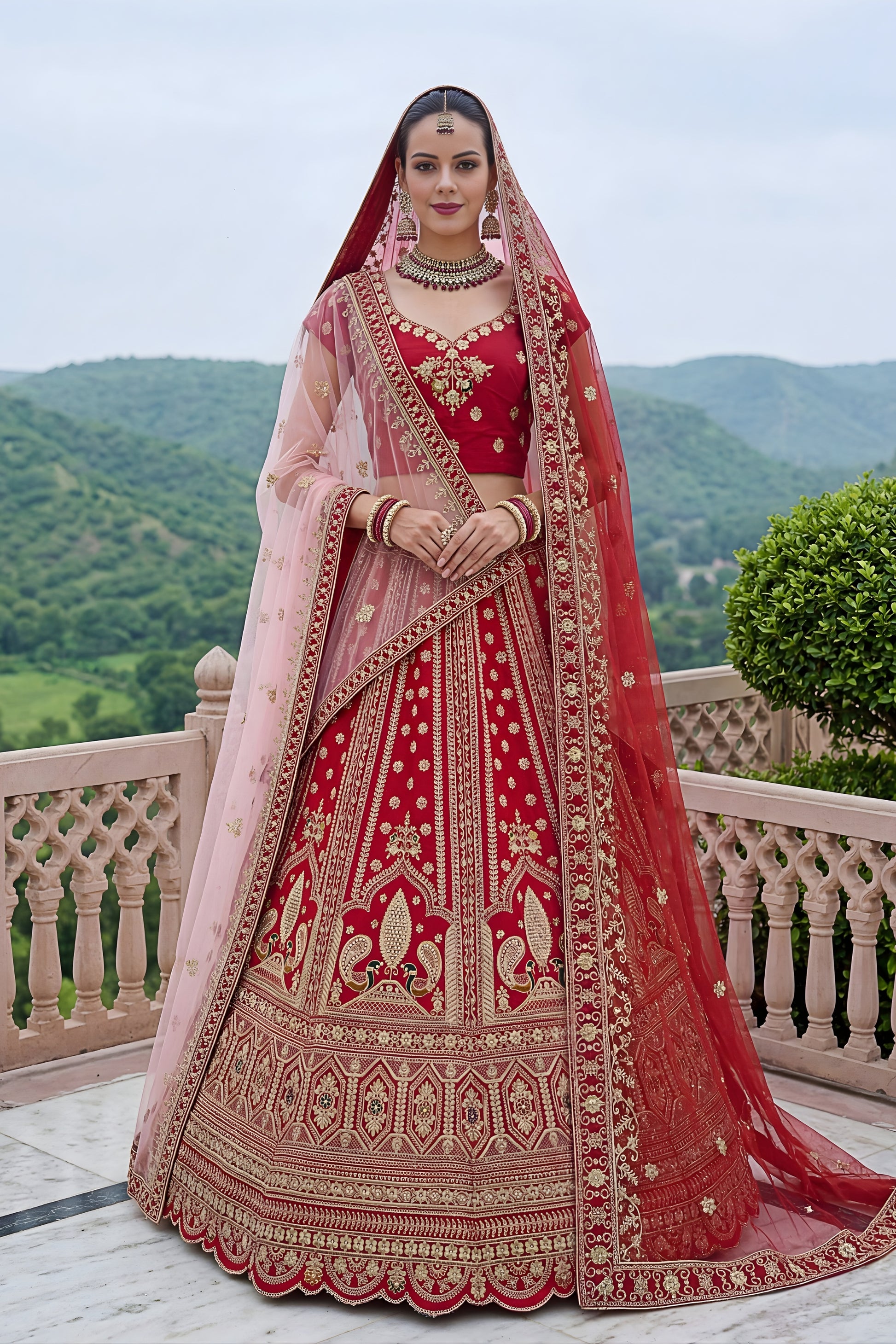  Stunning Red Silk Embroidered Bridal Lehenga Choli with Soft Net Dupatta