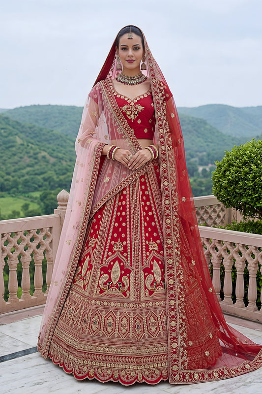  Stunning Red Silk Embroidered Bridal Lehenga Choli with Soft Net Dupatta