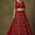 Luxury Red Net Embroidered Bridal Lehenga Choli with Soft Net Dupatta