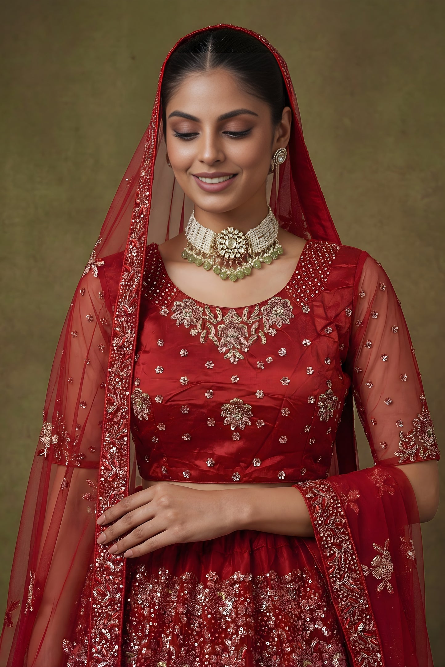 Luxury Red Net Embroidered Bridal Lehenga Choli with Soft Net Dupatta