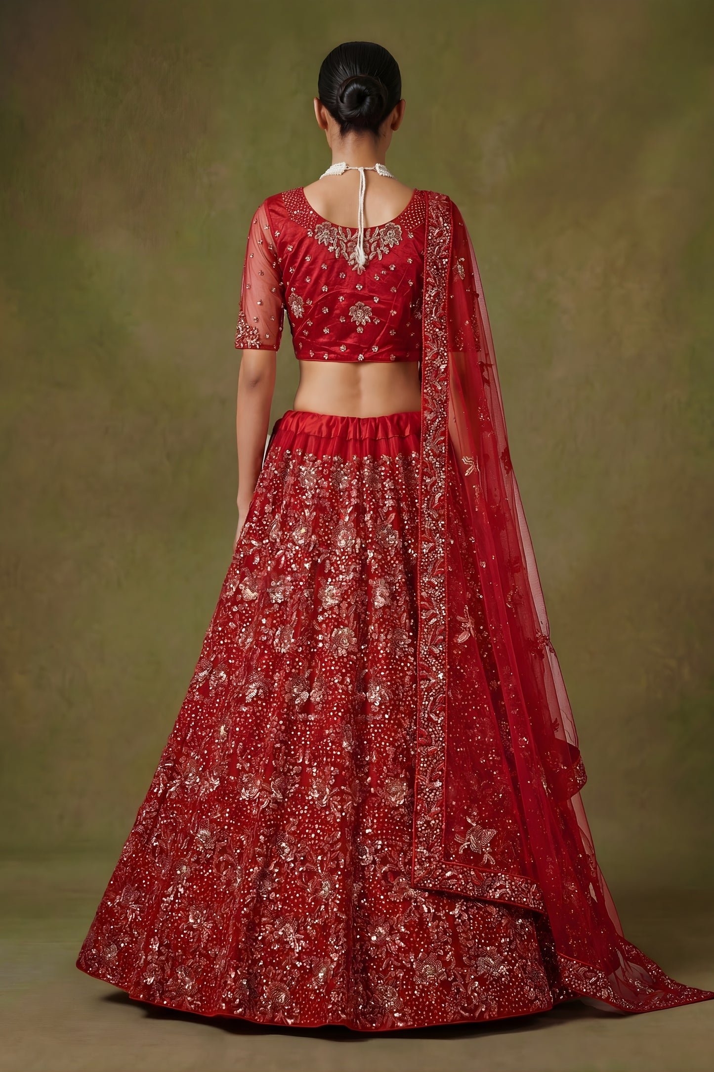 Luxury Red Net Embroidered Bridal Lehenga Choli with Soft Net Dupatta