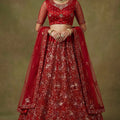 Luxury Red Net Embroidered Bridal Lehenga Choli with Soft Net Dupatta