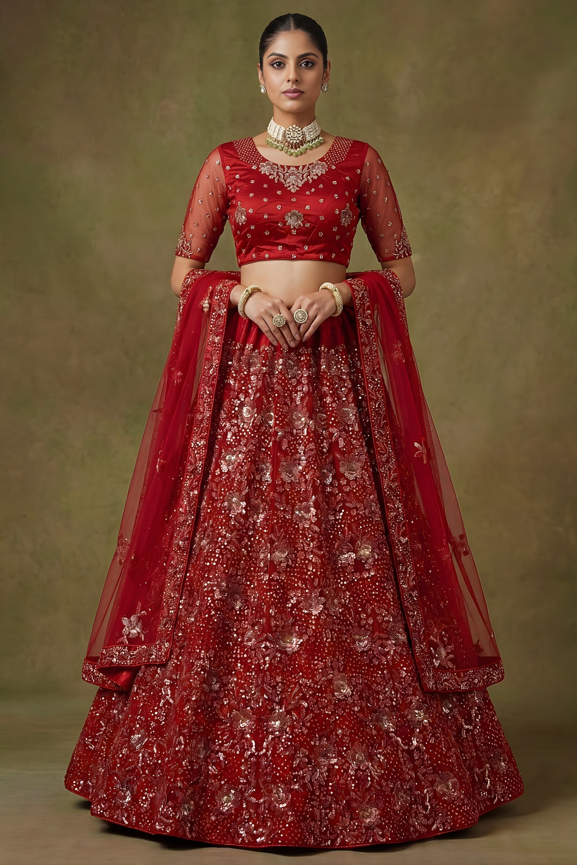 Luxury Red Net Embroidered Bridal Lehenga Choli with Soft Net Dupatta