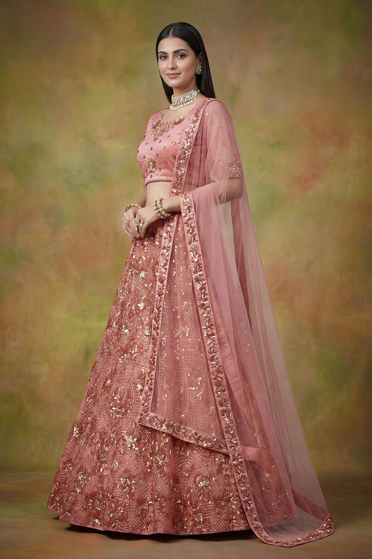 Amazing Peach Net Embroidered Bridal Lehenga Choli with Soft Net Dupatta
