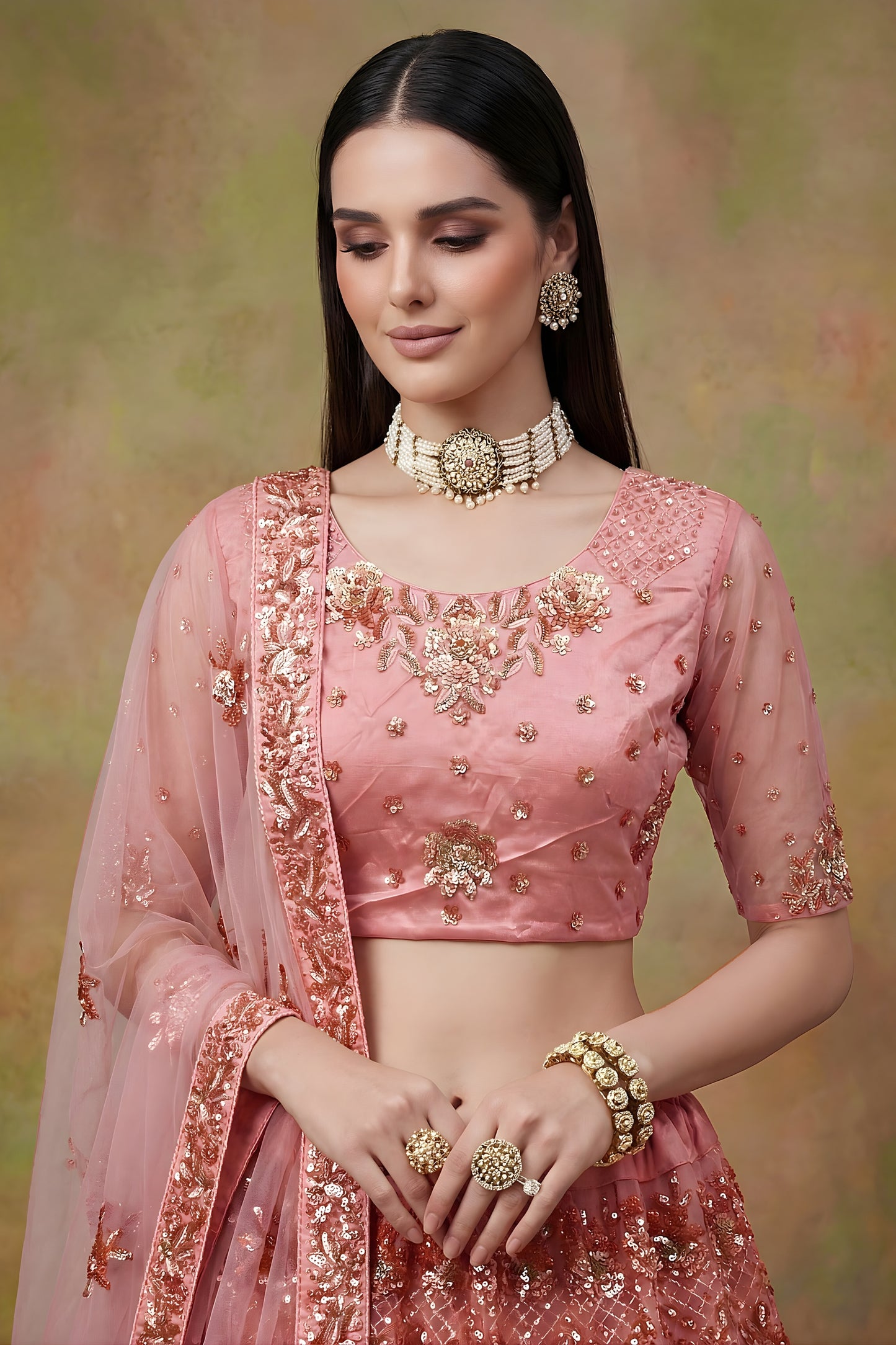 Amazing Peach Net Embroidered Bridal Lehenga Choli with Soft Net Dupatta