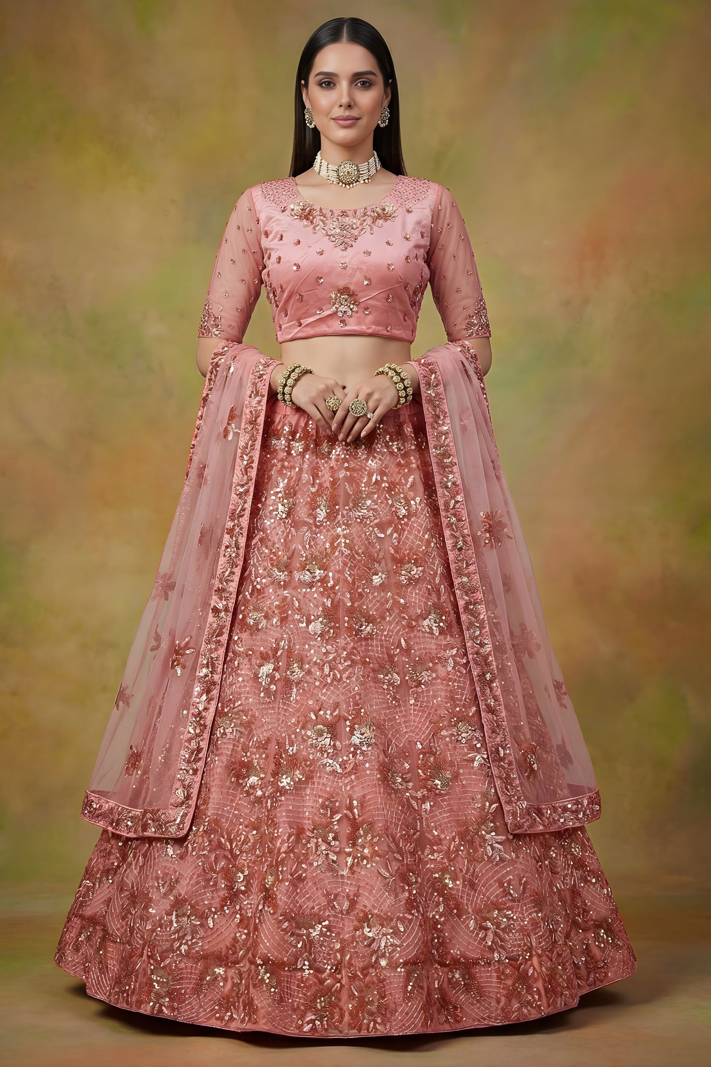Amazing Peach Net Embroidered Bridal Lehenga Choli with Soft Net Dupatta