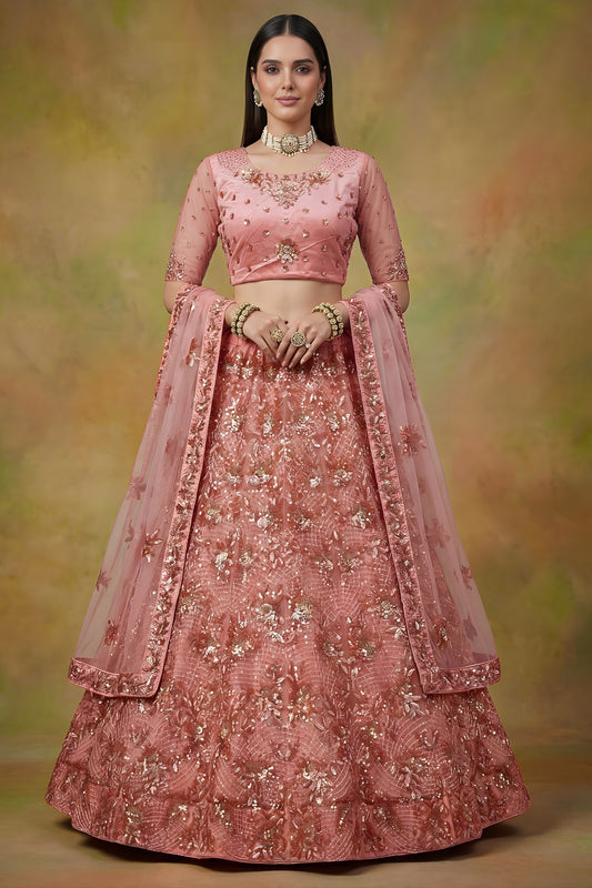 Amazing Peach Net Embroidered Bridal Lehenga Choli with Soft Net Dupatta