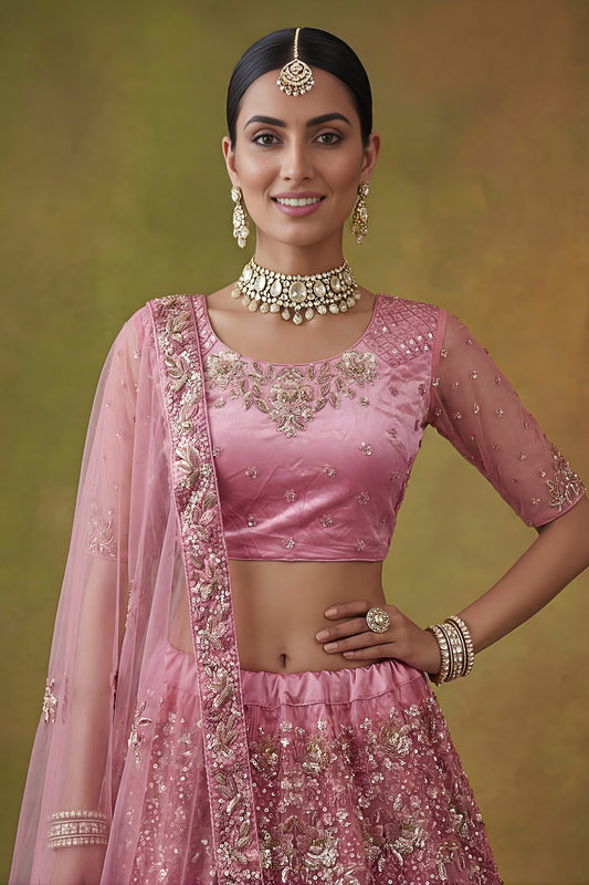 Elegant Pink Net Embroidered Bridal Lehenga Choli with Soft Net Dupatta