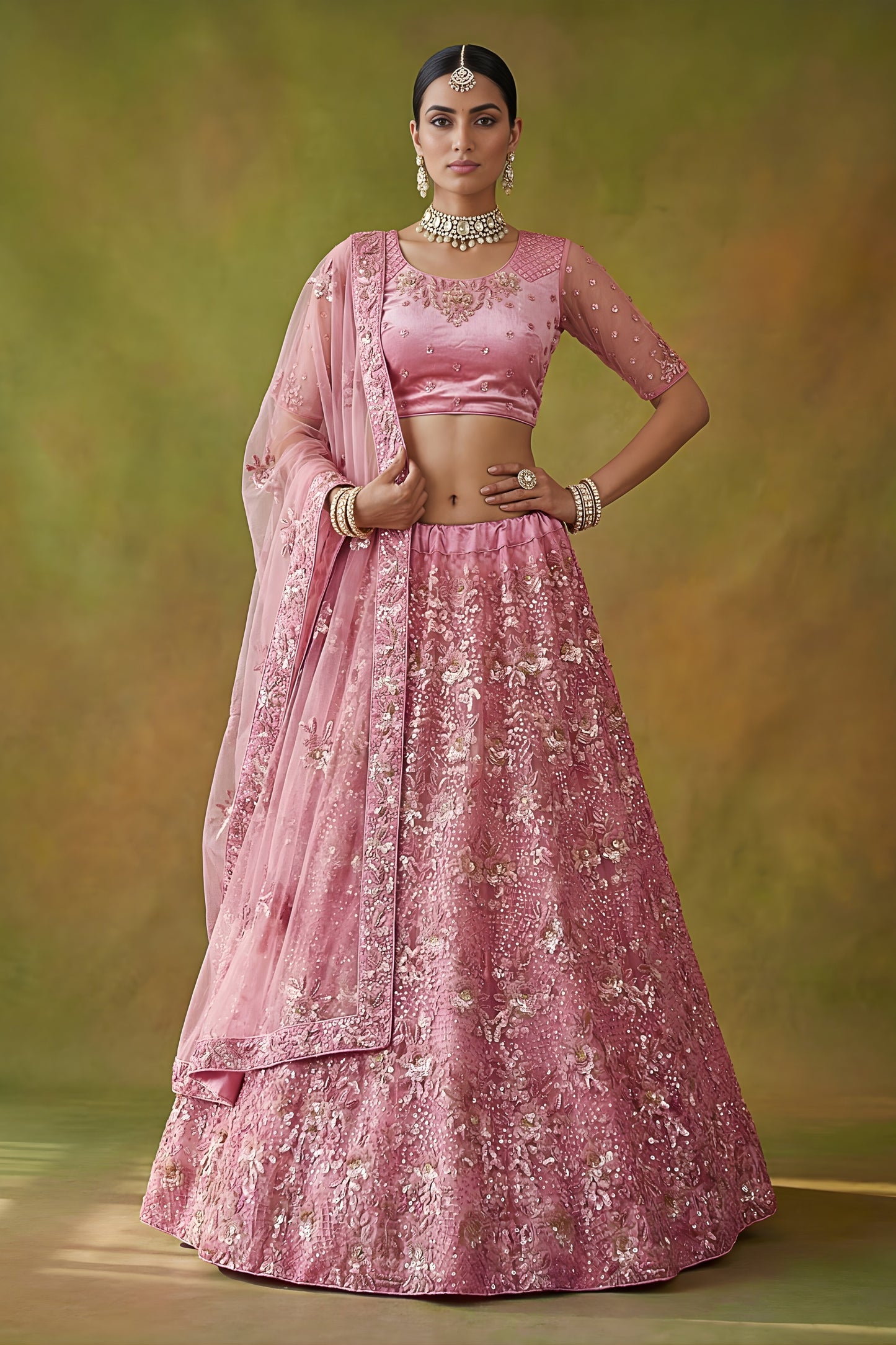 Elegant Pink Net Embroidered Bridal Lehenga Choli with Soft Net Dupatta