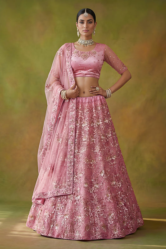 Elegant Pink Net Embroidered Bridal Lehenga Choli with Soft Net Dupatta