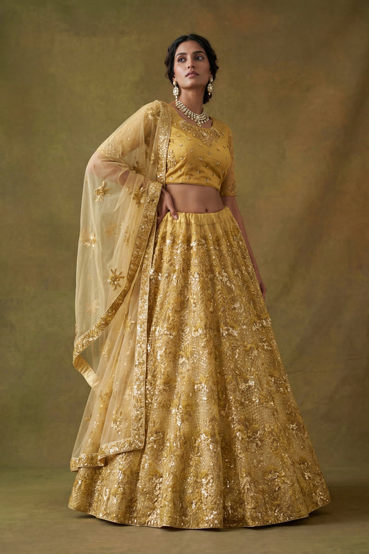 Fancy Golden Net Embroidered Bridal Lehenga Choli with Soft Net Dupatta