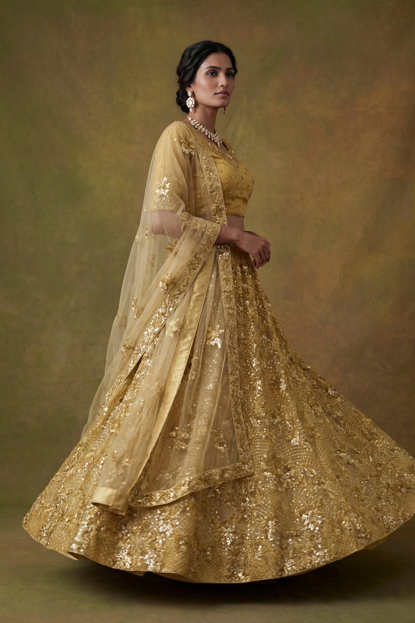 Fancy Golden Net Embroidered Bridal Lehenga Choli with Soft Net Dupatta