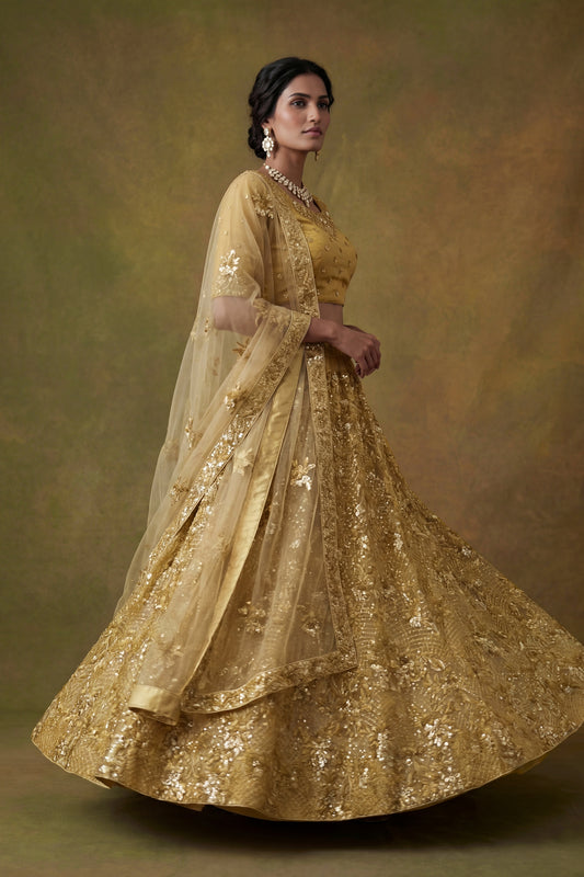 Fancy Golden Net Embroidered Bridal Lehenga Choli with Soft Net Dupatta