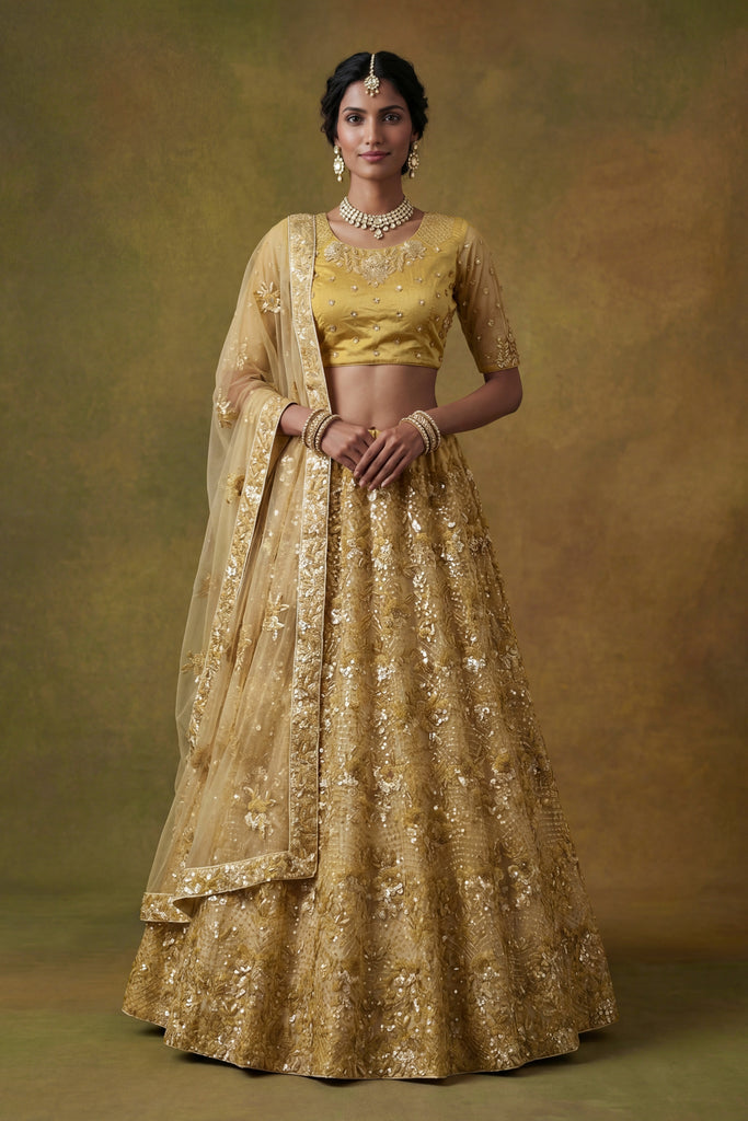 Fancy Golden Net Embroidered Bridal Lehenga Choli with Soft Net Dupatta