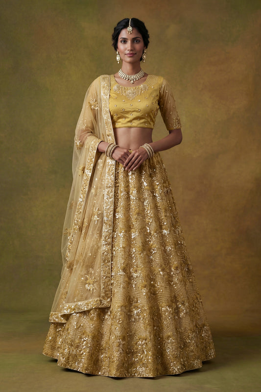 Fancy Golden Net Embroidered Bridal Lehenga Choli with Soft Net Dupatta