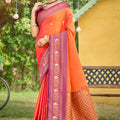 Orange Kanjivaram Silk Saree Purple Zari Border Traditional Saree