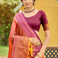 Orange Kanjivaram Silk Saree Purple Zari Border Traditional Saree