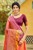 Orange Kanjivaram Silk Saree Purple Zari Border Traditional Saree