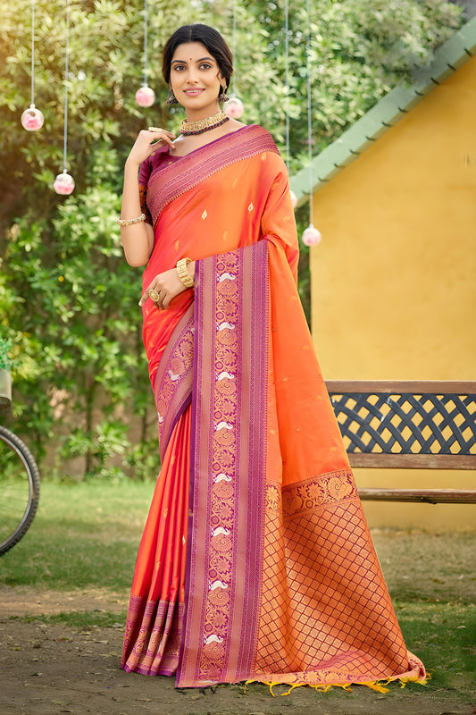 Orange Kanjivaram Silk Saree Purple Zari Border Traditional Saree