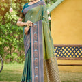 Green Kanjivaram Silk Saree with Blue Zari Border Traditional Saree