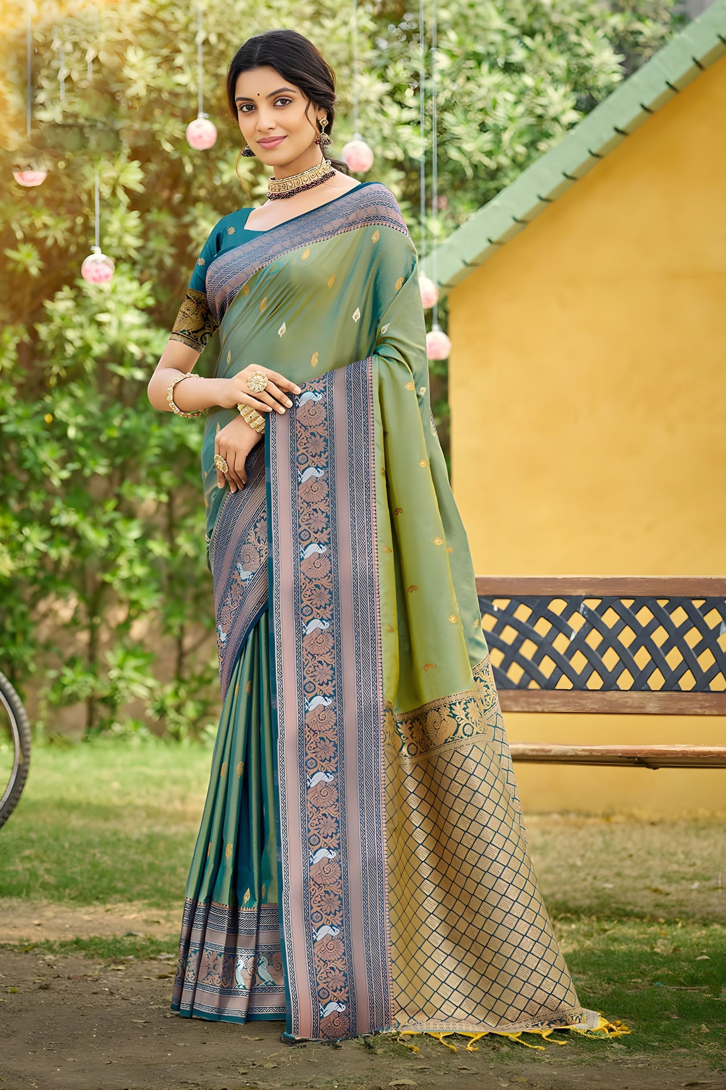 Green Kanjivaram Silk Saree with Blue Zari Border Traditional Saree