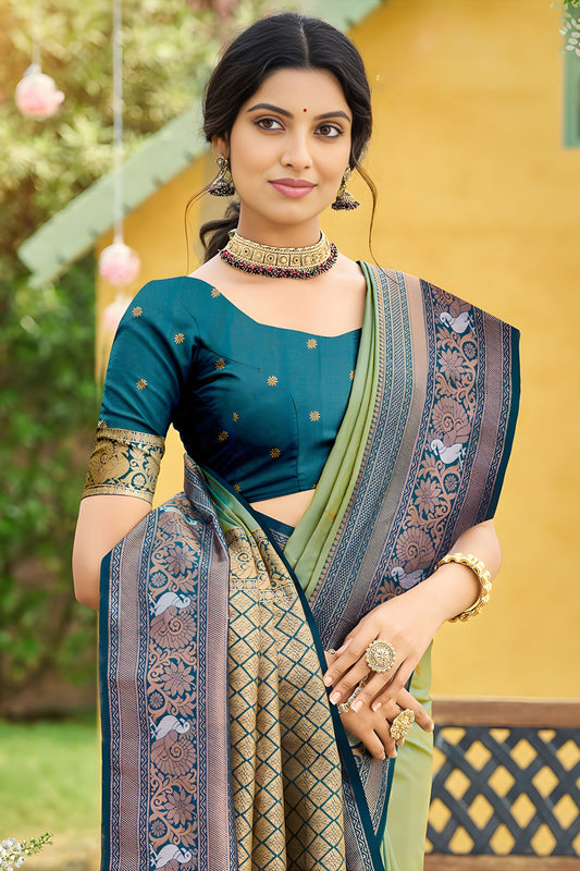 Green Kanjivaram Silk Saree with Blue Zari Border Traditional Saree
