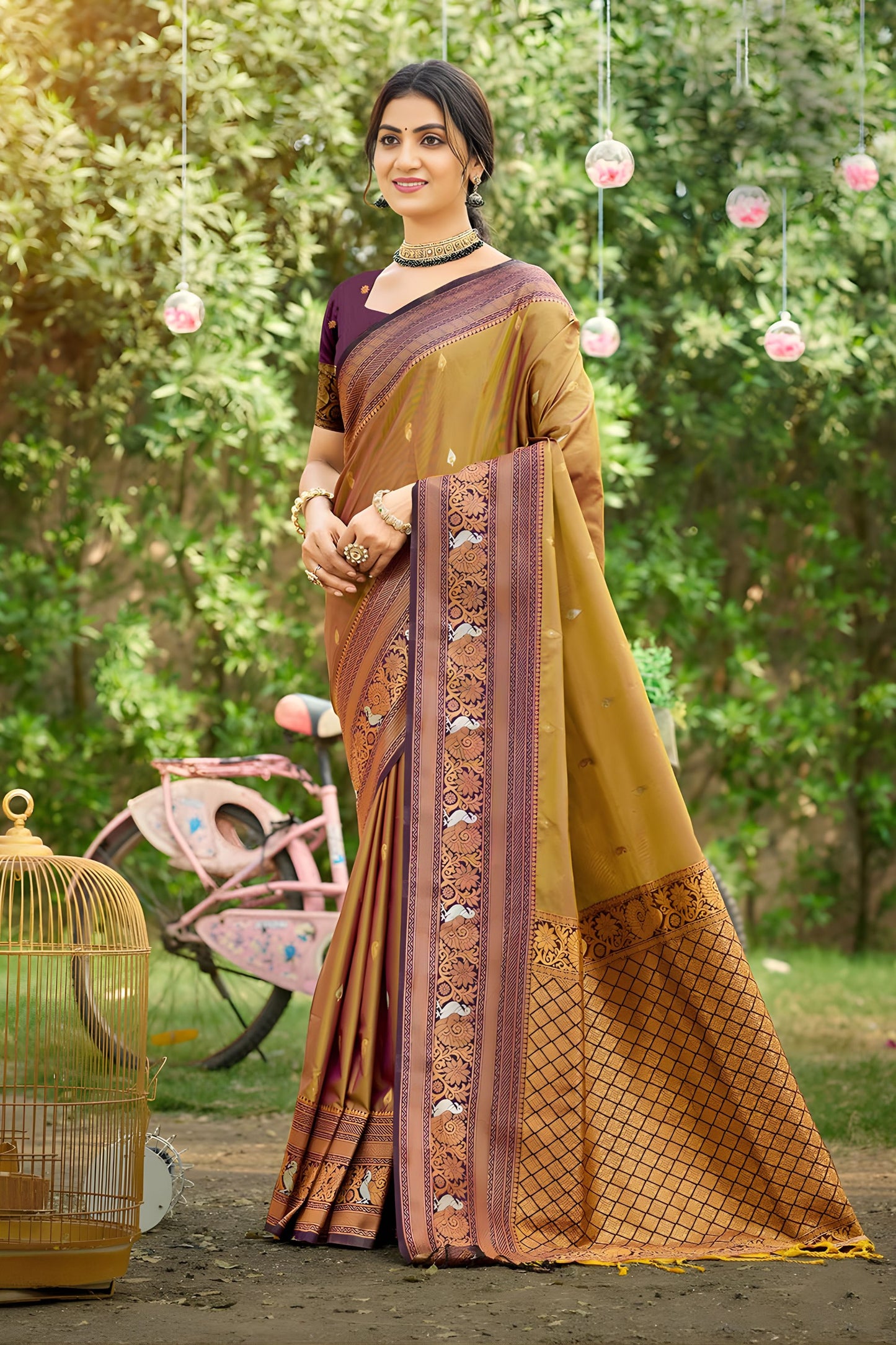 Brown Kanjivaram Silk Saree Maroon Zari Border Traditional Saree