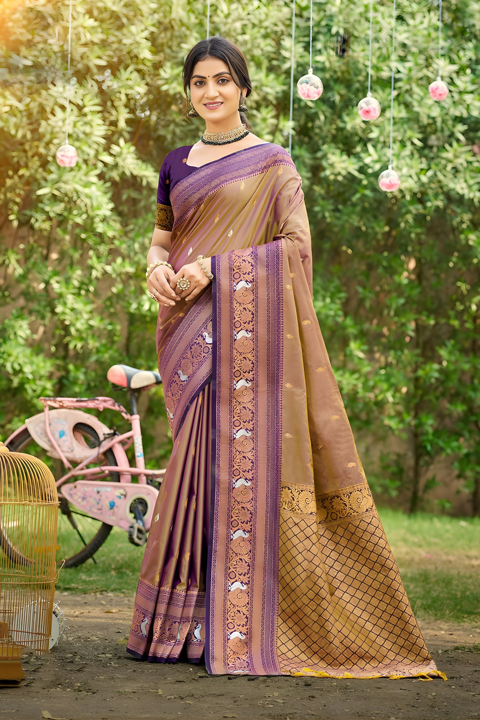Dual Tone Brown Kanjivaram Silk Saree with Purple Zari Border