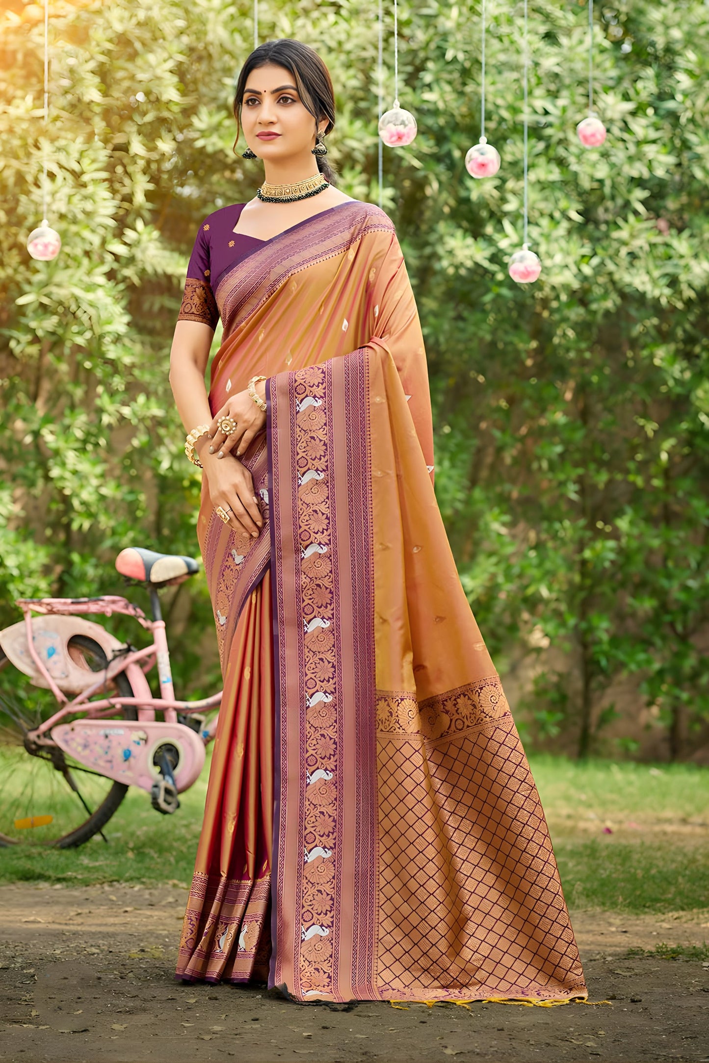 Golden Brown Kanjivaram Silk Saree with Maroon Zari Border