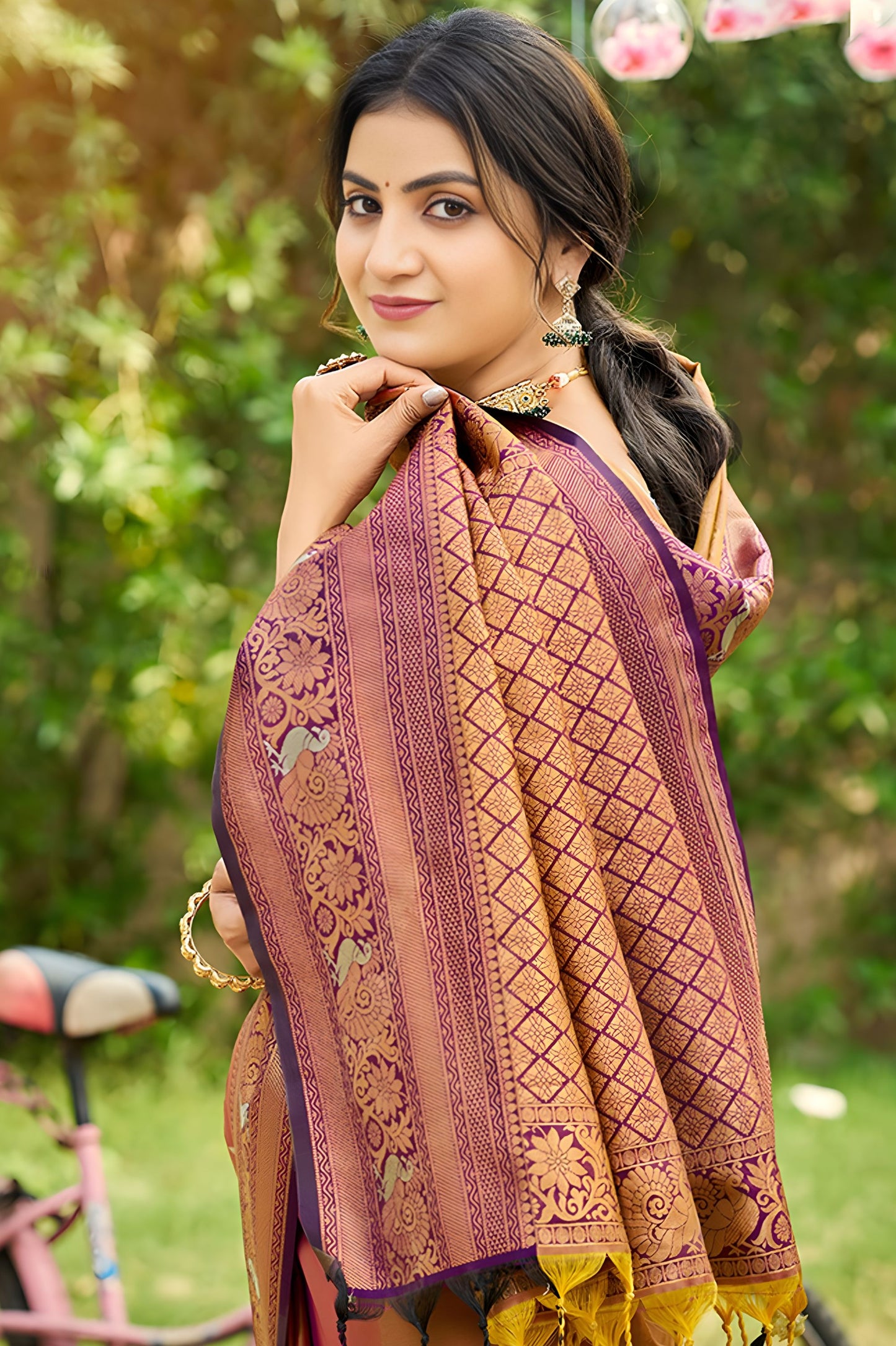 Golden Brown Kanjivaram Silk Saree with Maroon Zari Border