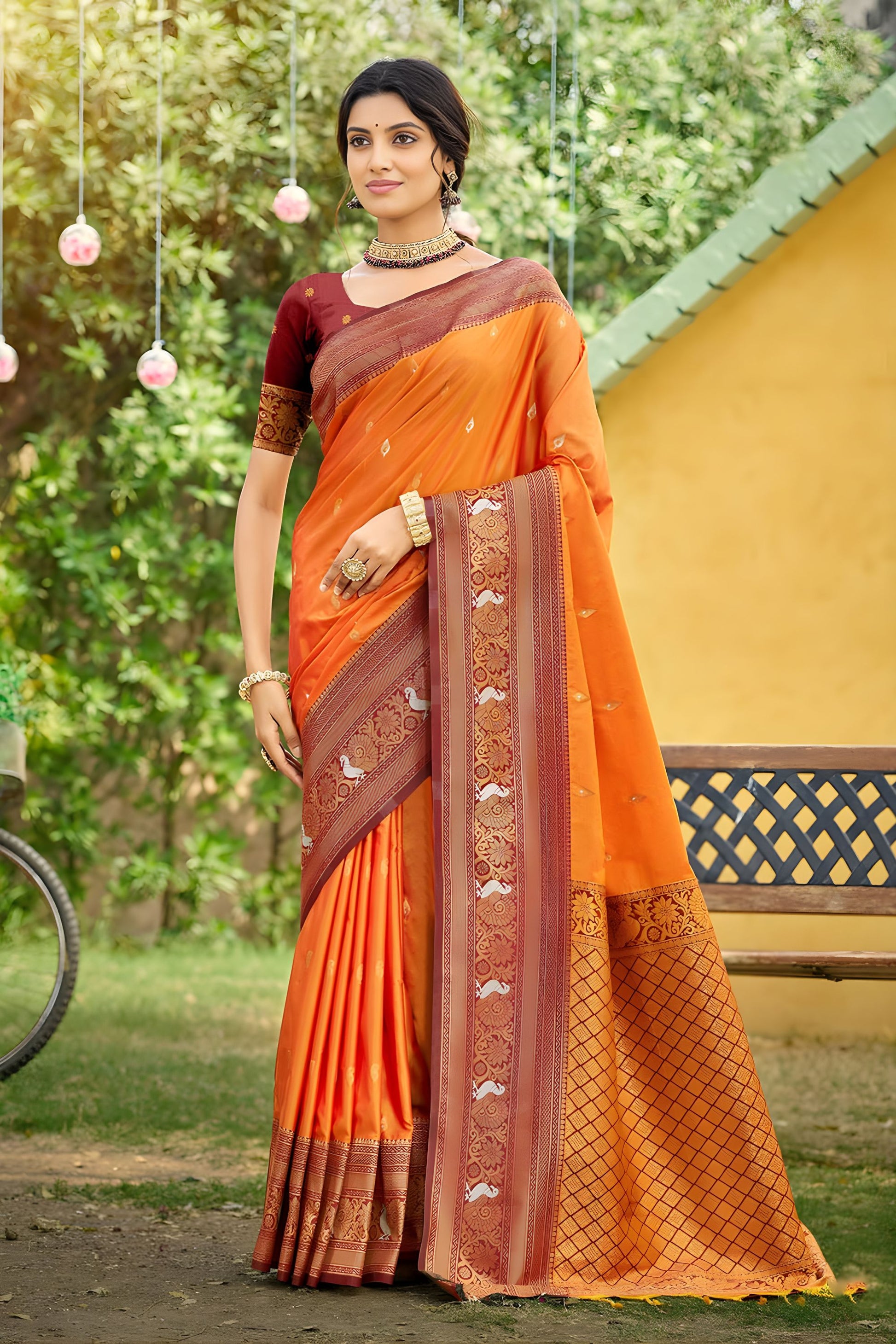 Orange Saree with Maroon Blouse Traditional Silk Saree