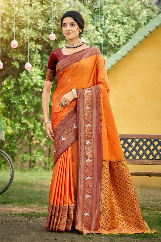 Orange Saree with Maroon Blouse Traditional Silk Saree