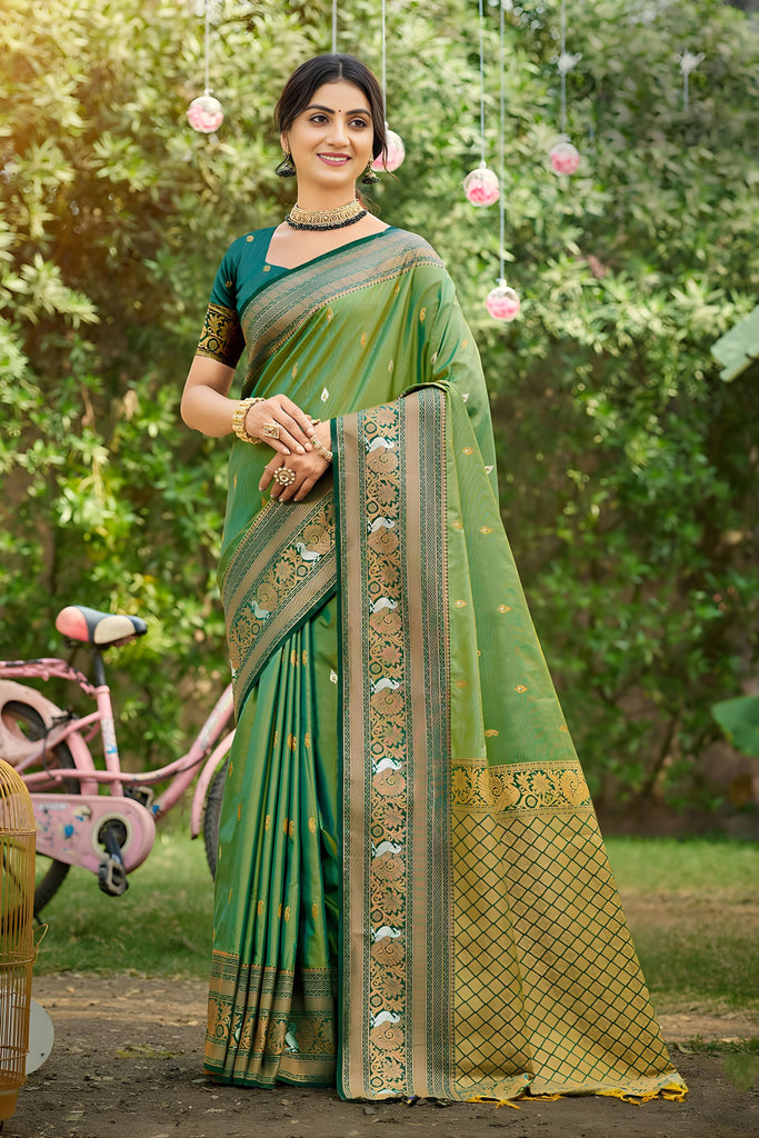 Green and Gold Banarasi Saree Maroon Blouse Traditional Saree